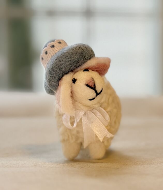 Gray Cap Felt Sheep Figurine