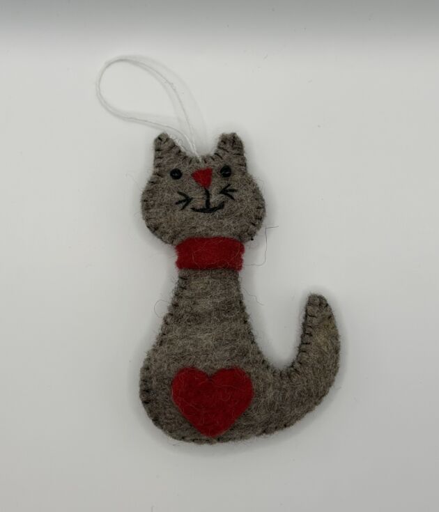 Gray Cat Heart Felt Ornament